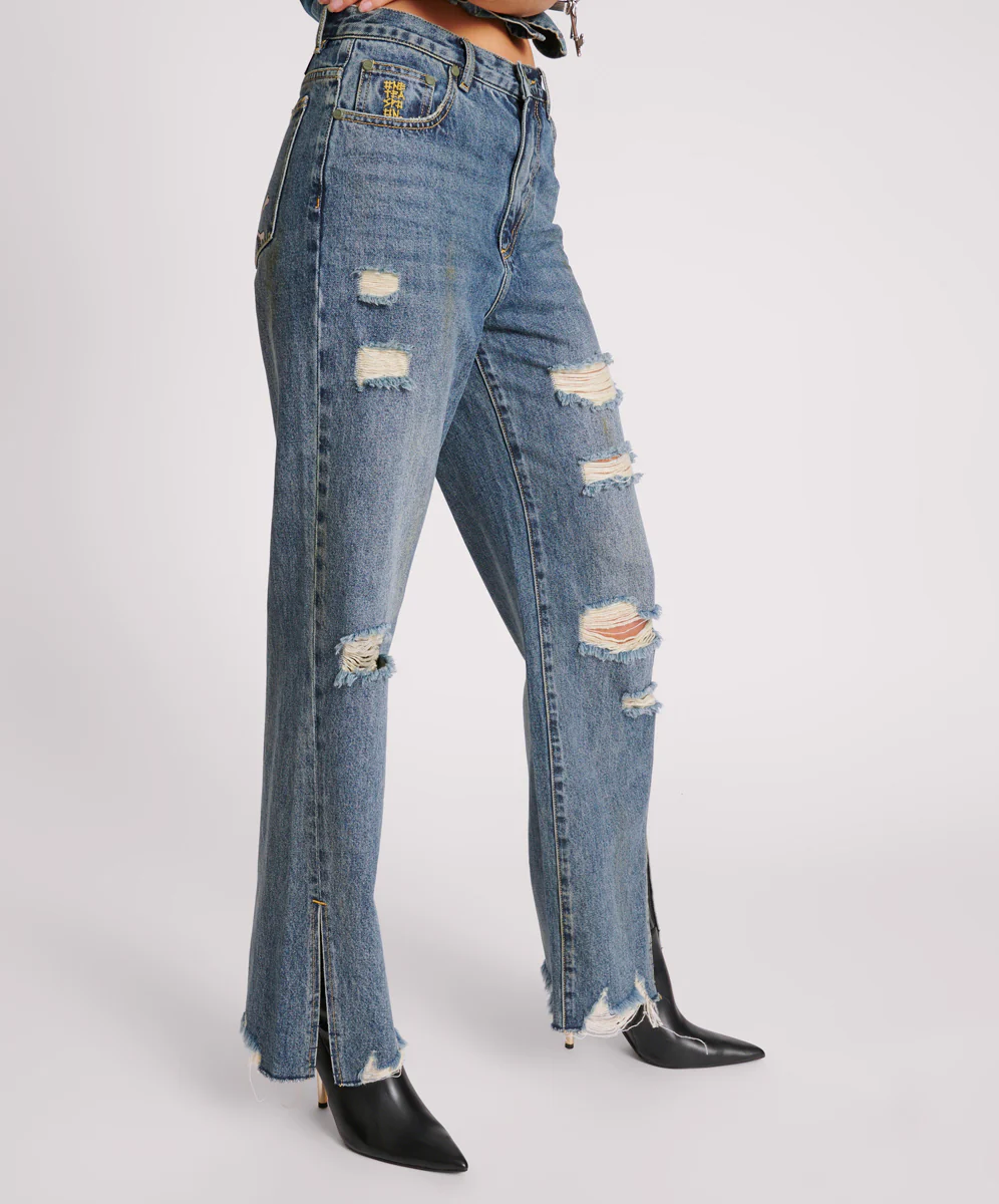 Billie Low Slung Straight Leg Mid Waist Denim Jeans - Used Blue - Image 5