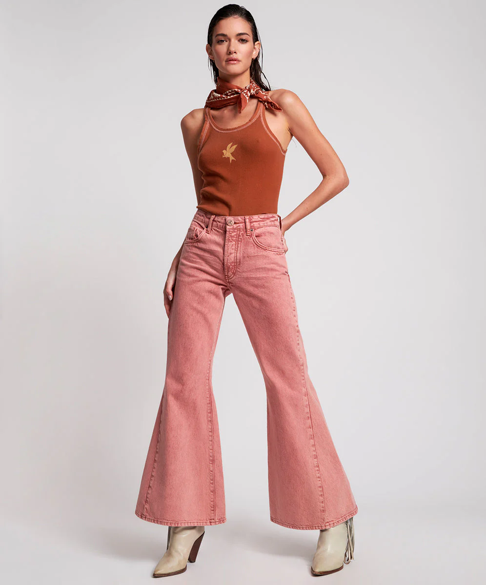 Marines Mid Waist Flared Denim Jeans - Vintage Red