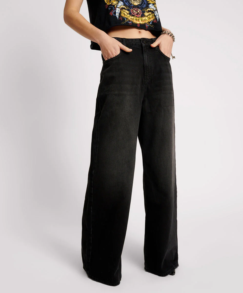 Love Machines Mid Waist Super Wide Leg Denim Jeans - Washed Black - Image 5