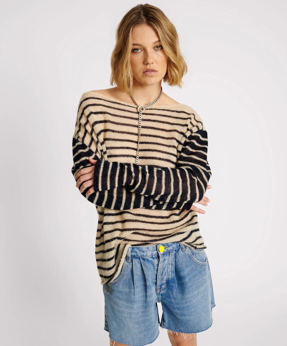 Wide Neck Striped Mohair Sweater - Ivory/Navy - Image 2