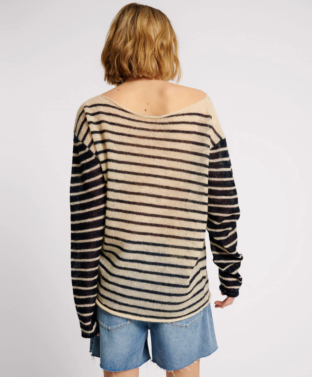 Wide Neck Striped Mohair Sweater - Ivory/Navy - Image 4