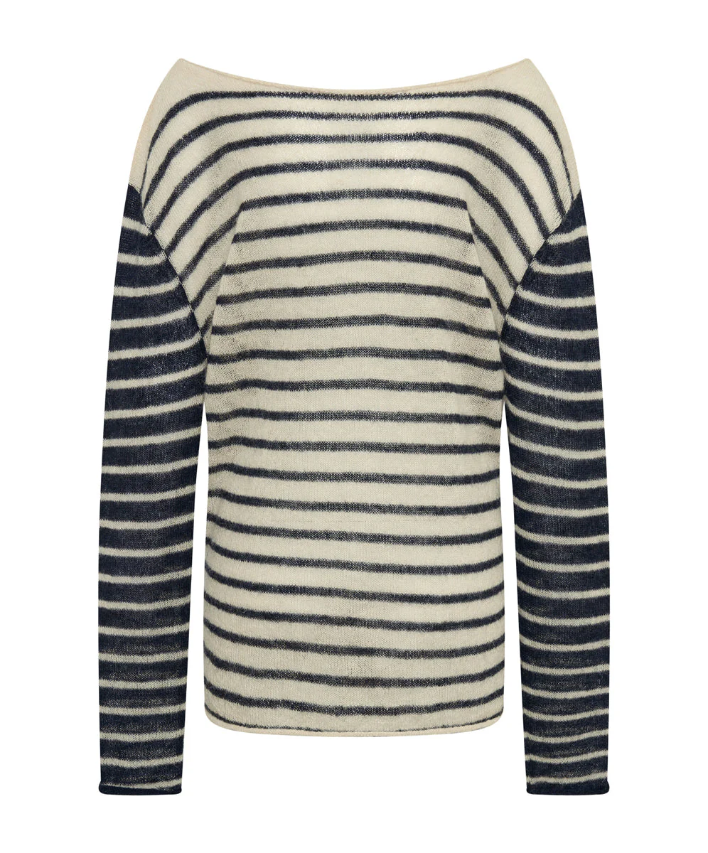 Wide Neck Striped Mohair Sweater - Ivory/Navy - Image 7