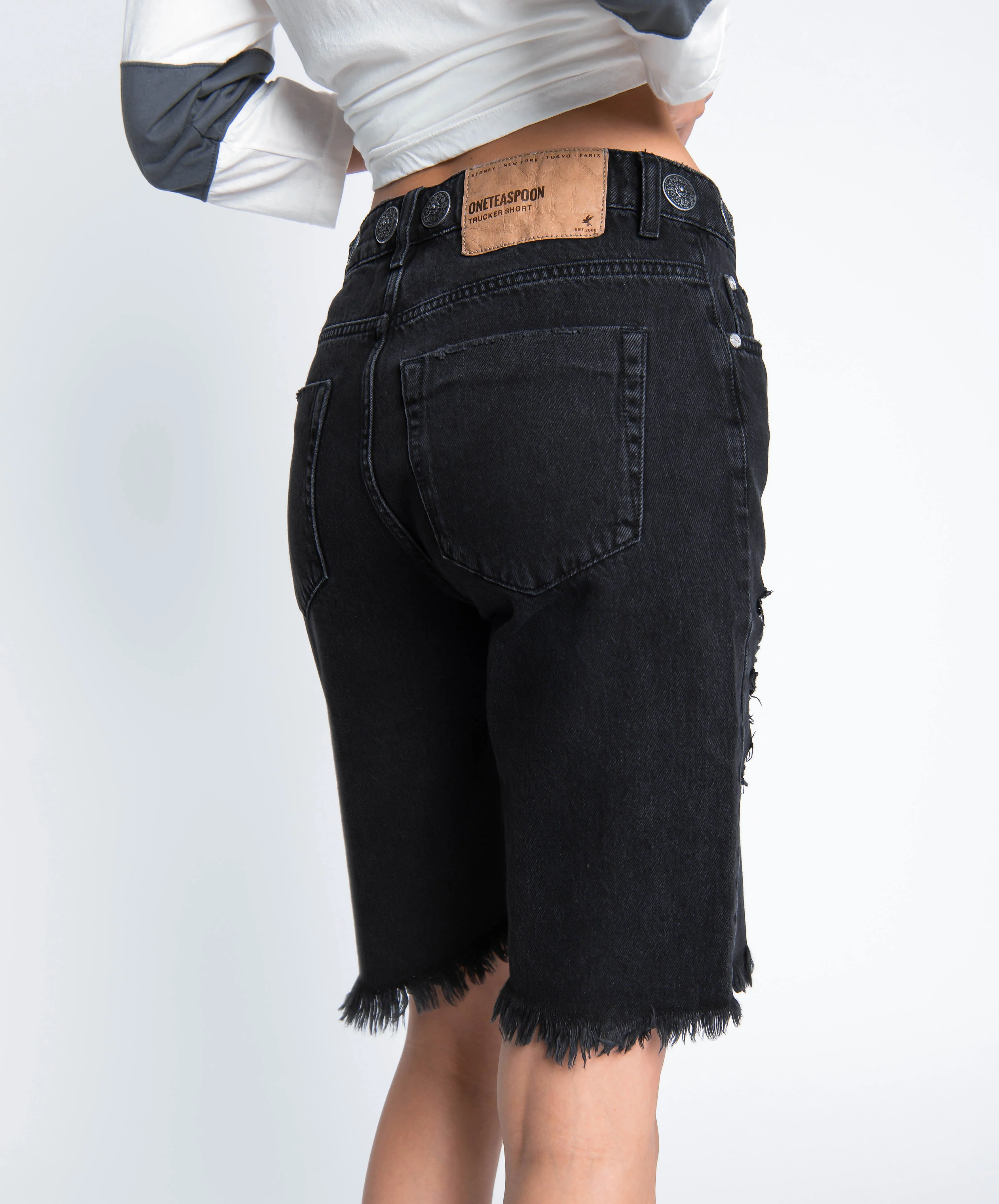 Long Truckers Mid Waist Long-Length Relaxed Denim Jorts - Black - Image 5