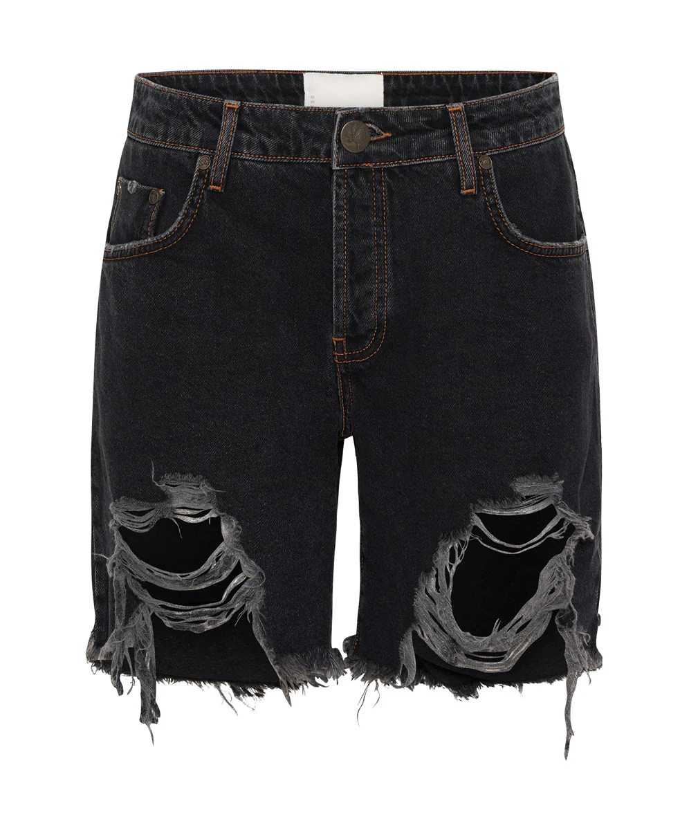 Stevies Low Waist Waist Long Length Boyfriend Denim Shorts - Worn Black - Image 6