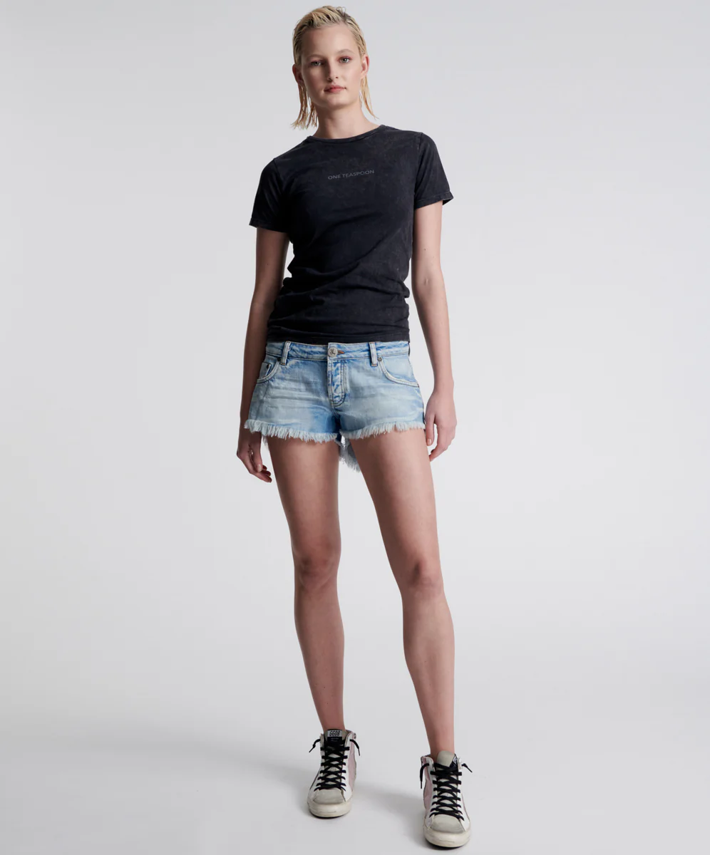 WORN OUT HENDRIXE DUKES LOW WAIST MINI DENIM SHORTS